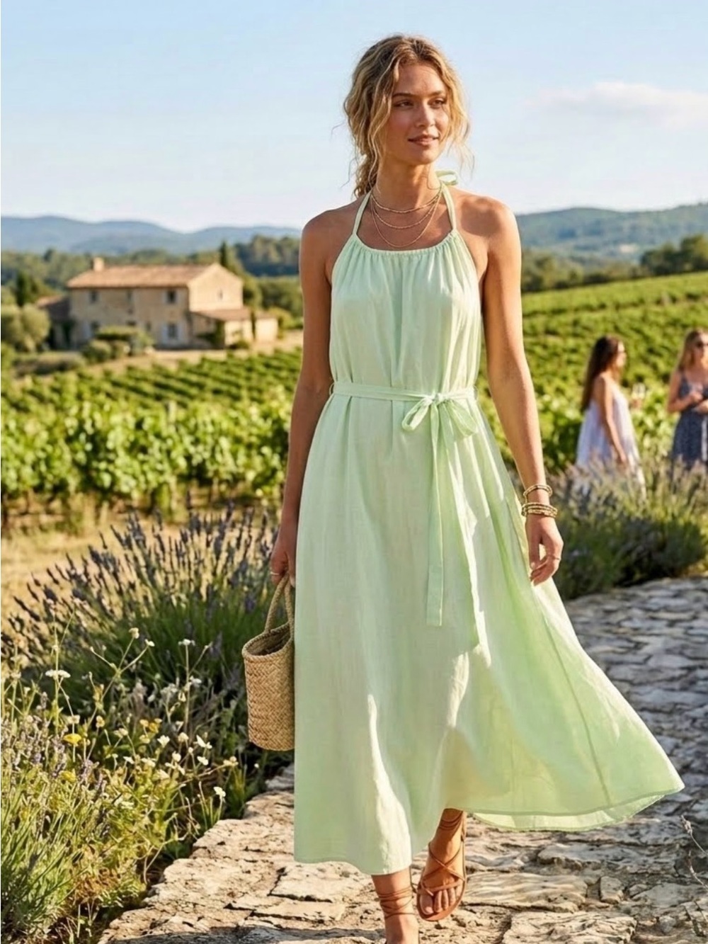 TOIT VOLANT / Light Green Halter Tie-Waist Midi Dress/ NWOT / Ptp-16”/